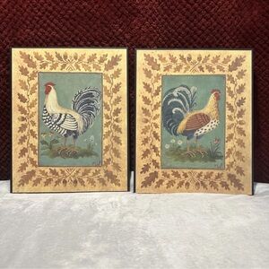Country Farmhouse Style, Wall Decor, Set Of 2 Printed Roosters, Signed. 8x10